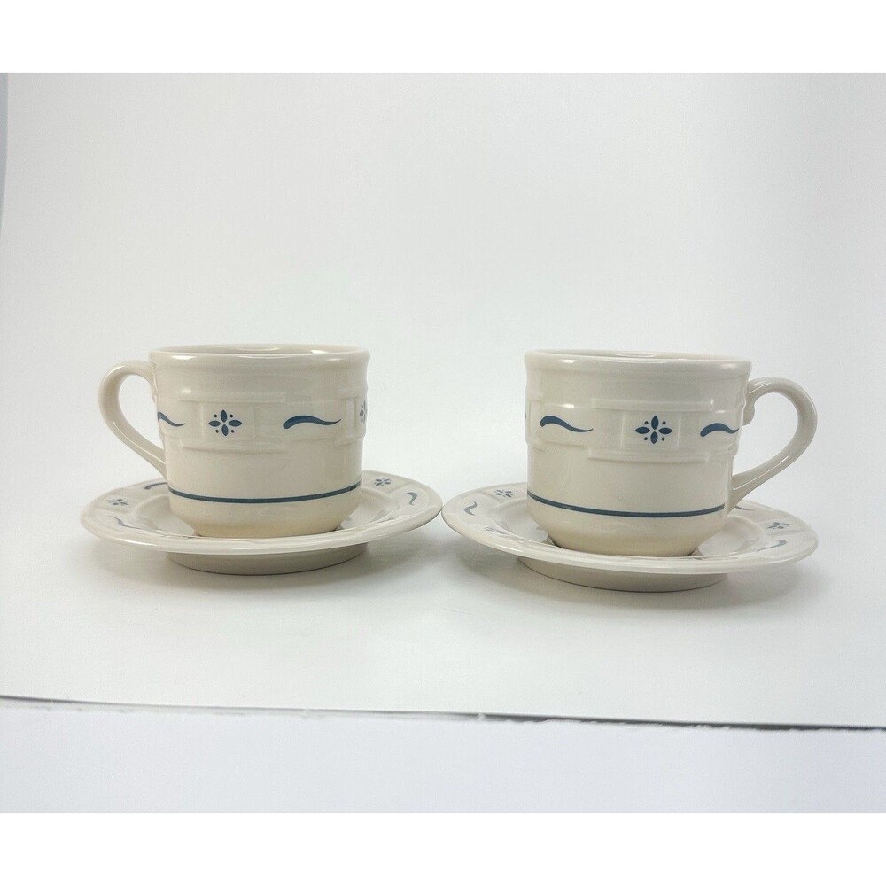 Longaberger Stoneware Classic Blue Woven Cup & Saucer Set of 2 USA Made